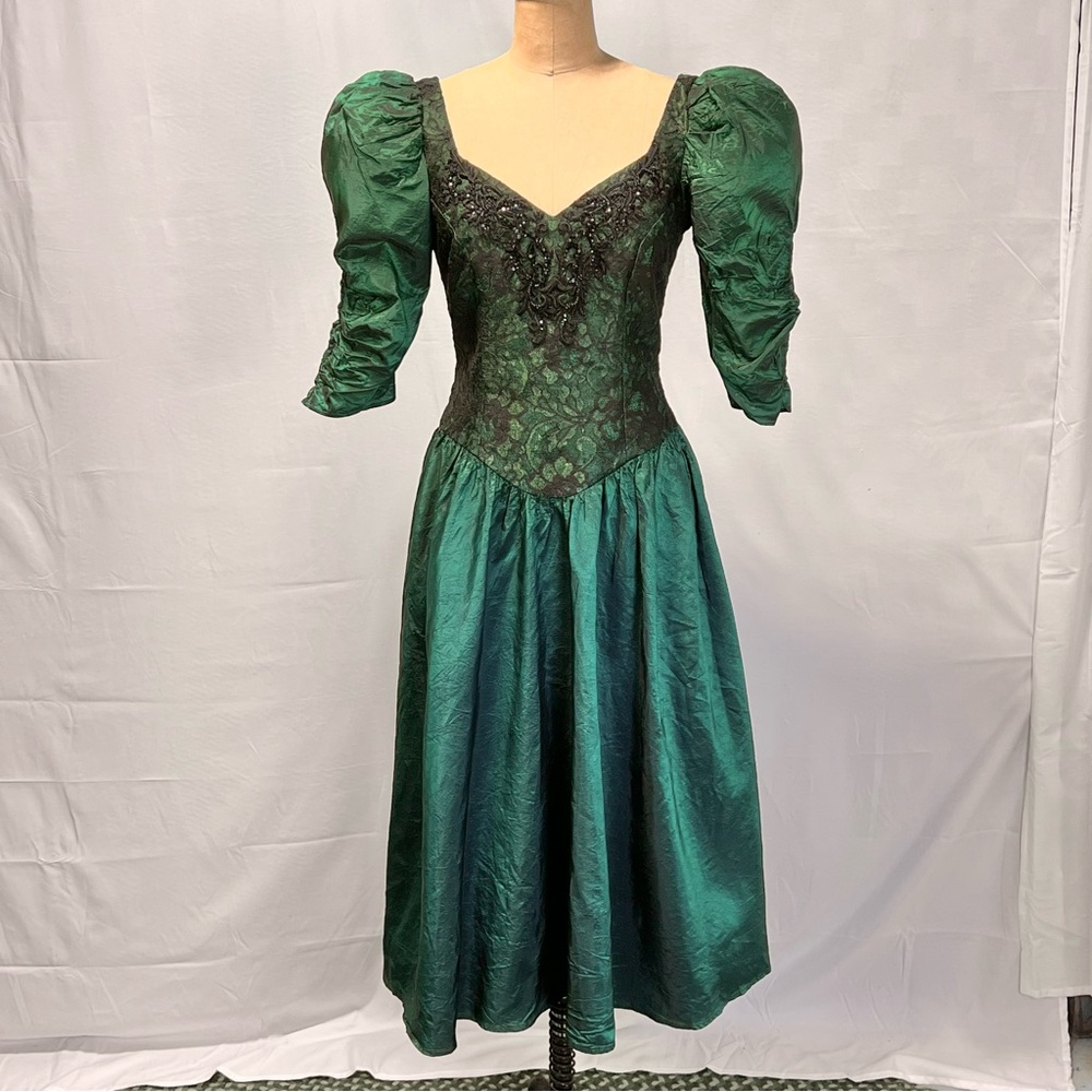 VINTAGE 80s holographic prom gown formal dress dark moody emerald forest lace - Picture 10 of 17